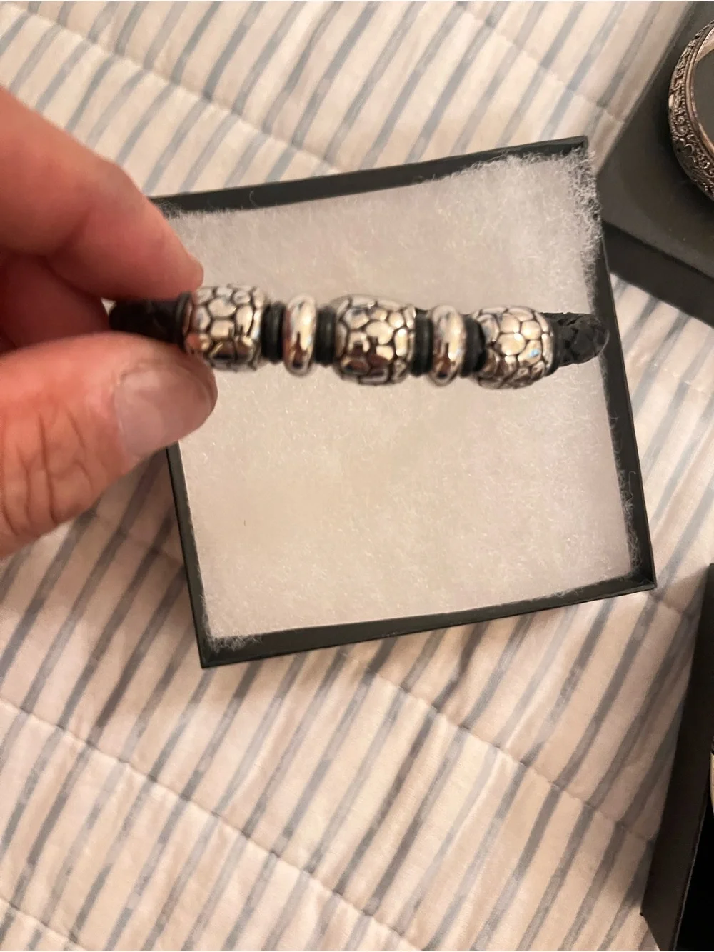 Men's Black Braided Leather Bracelet with Silver Bead Accents